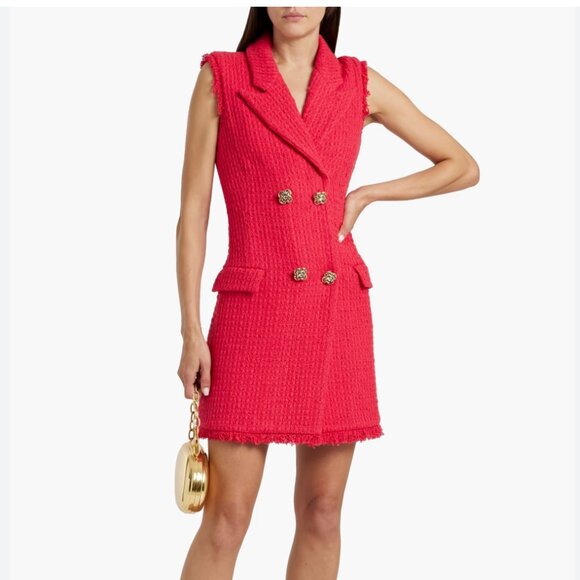 New Oscar de la Renta Red Button-embellished Frayed Wool-blend Tweed Mini Dress - Picture 1 of 17
